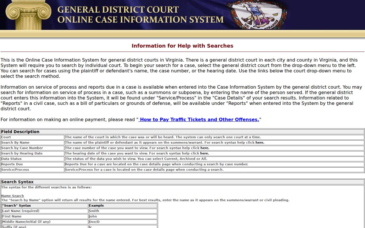 Roanoke County traffic warrant search fields in the GDC system