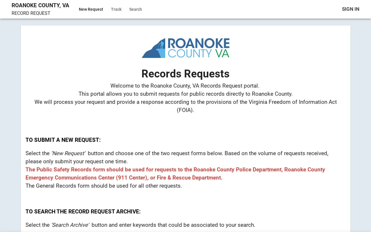 Roanoke County warrant-record request portal