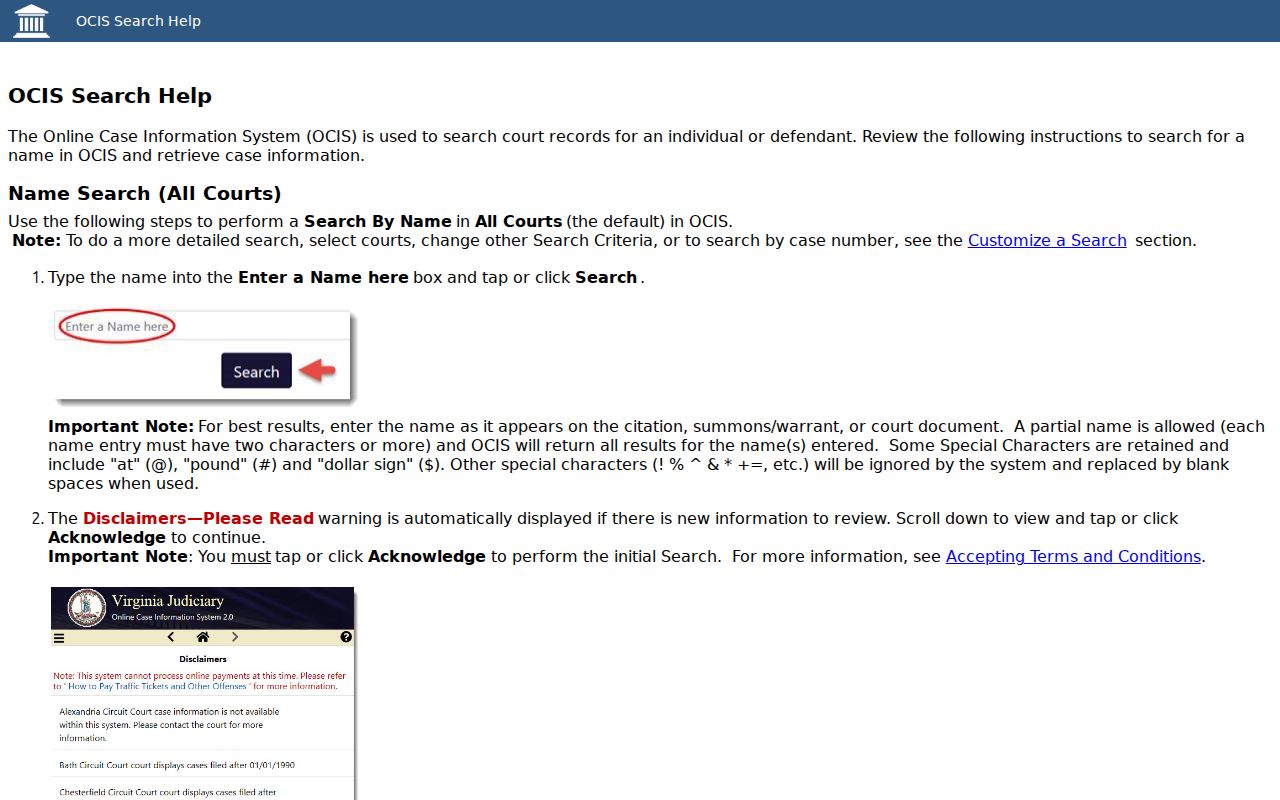 Roanoke County warrant search field syntax and result guidance in OCIS