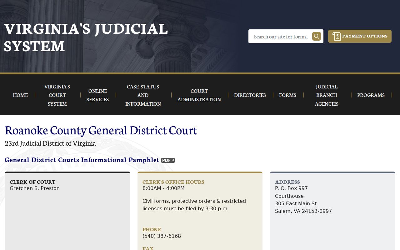 Roanoke County warrant search court route at General District Court
