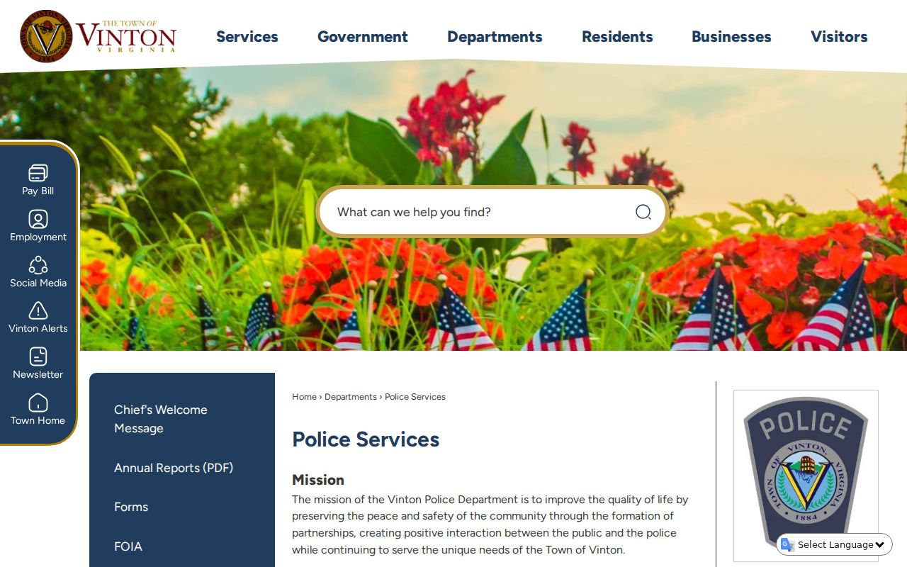 Roanoke County municipal warrant records contact through Vinton Town Police Services