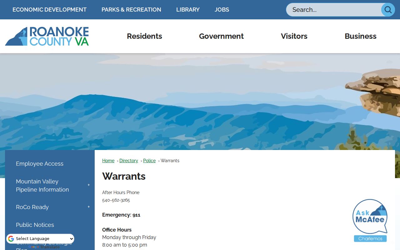 Roanoke County outstanding warrant list contact at the Police Warrants office